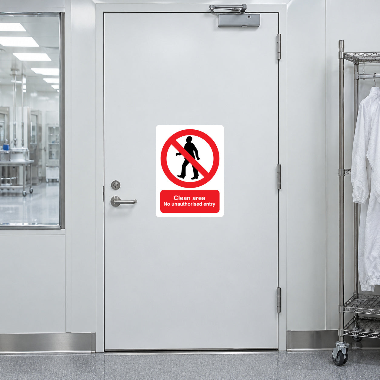 Rectangular warning sticker reading “Clean area, no unauthorized entry” with no-entry icon
