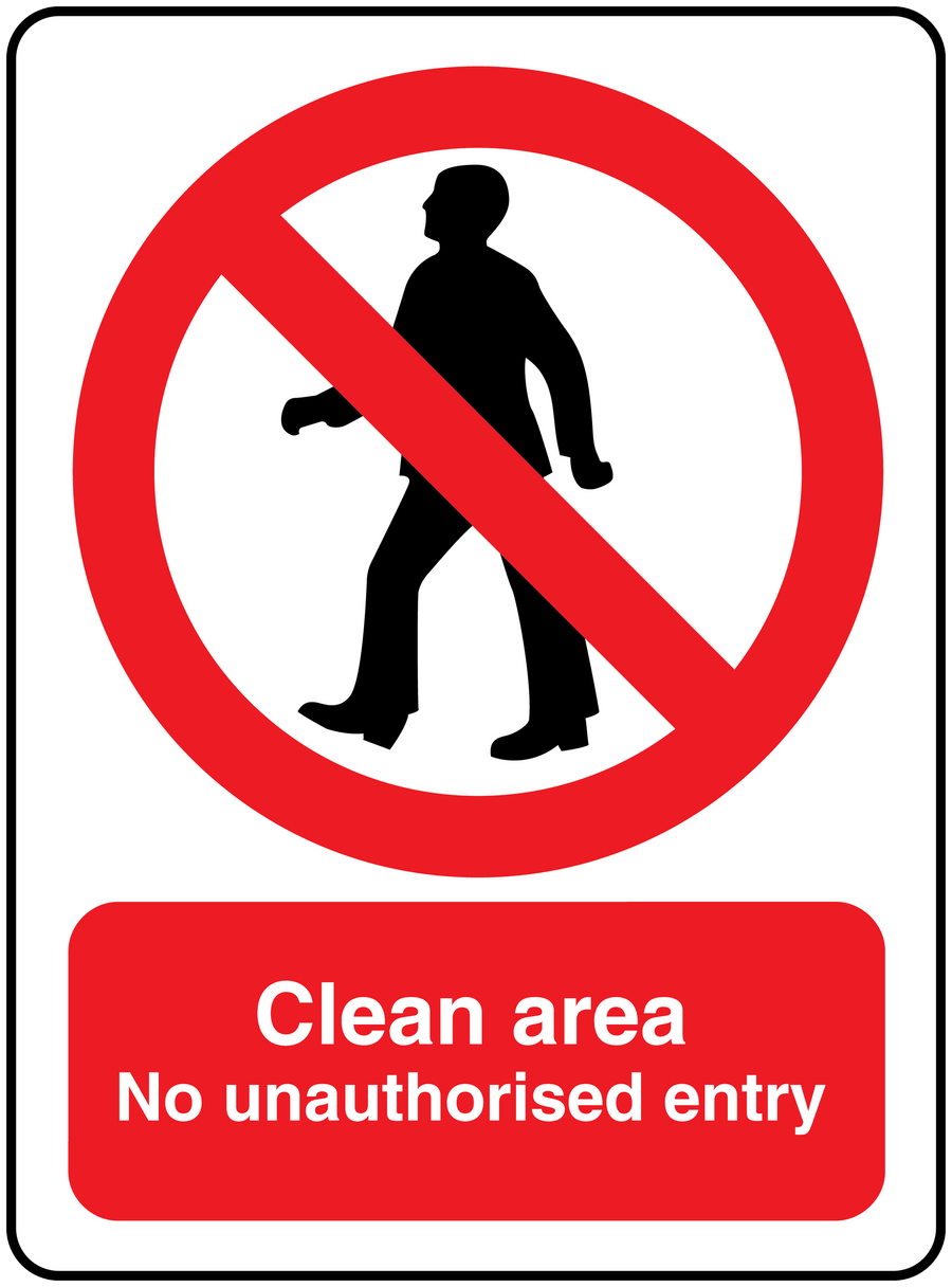 Rectangle sign sticker: red no-entry symbol and 'Clean area No unauthorised entry'