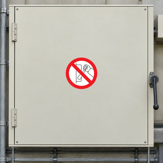 Warning sticker with red prohibition hand-pulling icon on metal panel
