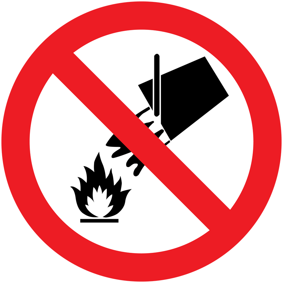 No water on fire warning sticker with red slash over fire and water icons