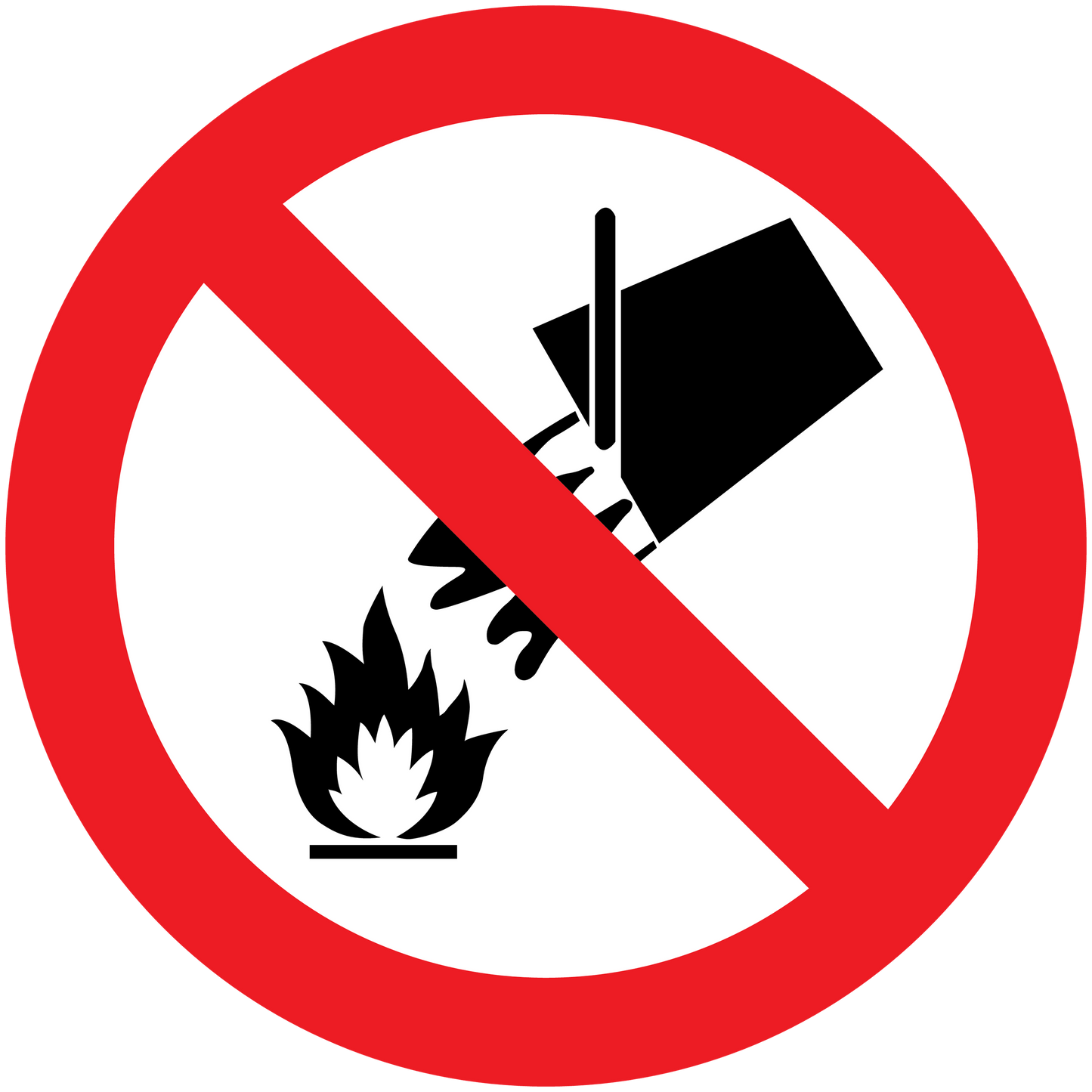 No water on fire warning sticker with red slash over fire and water icons