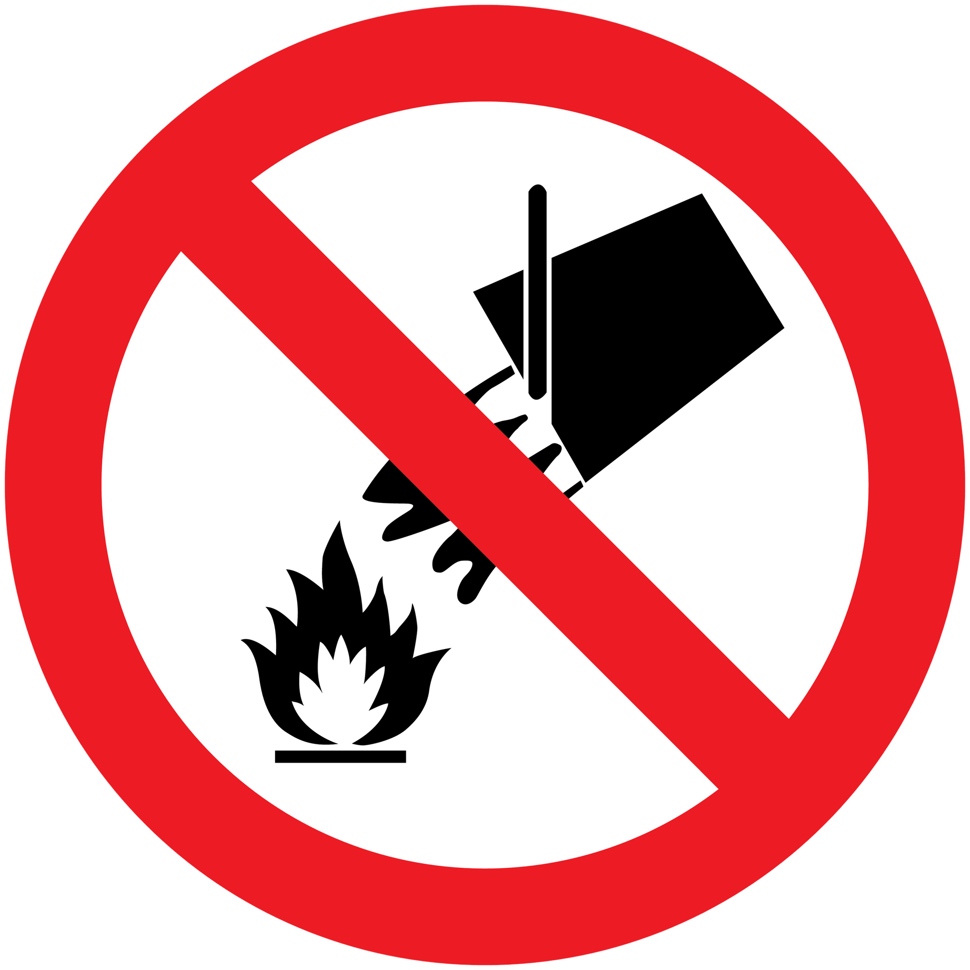 No water on fire warning sticker with red slash over fire and water icons