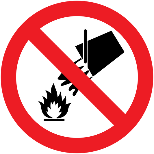 No water on fire warning sticker with red slash over fire and water icons
