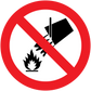 No water on fire warning sticker with red slash over fire and water icons
