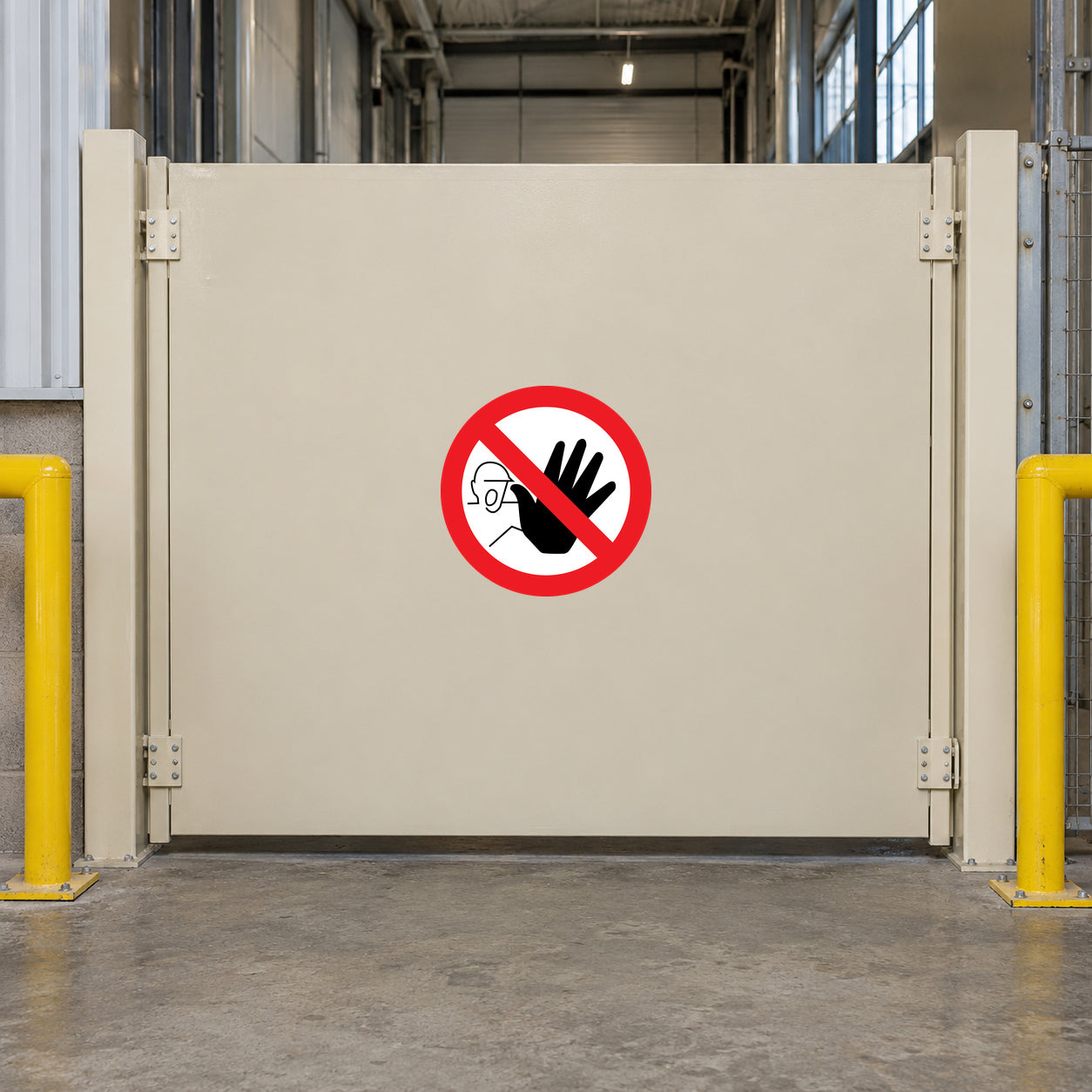 Safety stop sticker with red circle and slash over a hand symbol