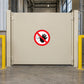 Safety stop sticker with red circle and slash over a hand symbol