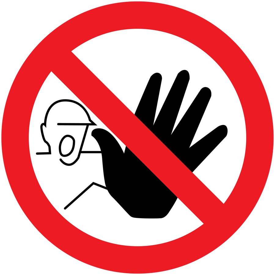Prohibition stop sticker with red circle, slash, megaphone and raised hand icon