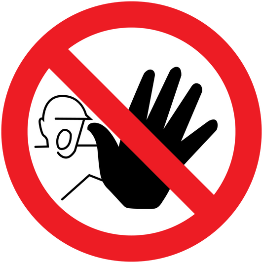 Prohibition stop sticker with red circle, slash, megaphone and raised hand icon