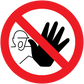 Prohibition stop sticker with red circle, slash, megaphone and raised hand icon