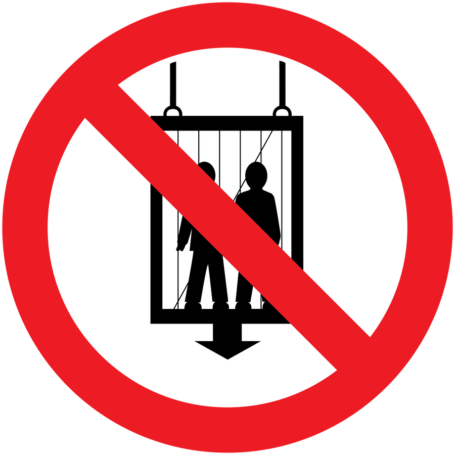 Red prohibition sticker with slash over a person silhouette behind railings