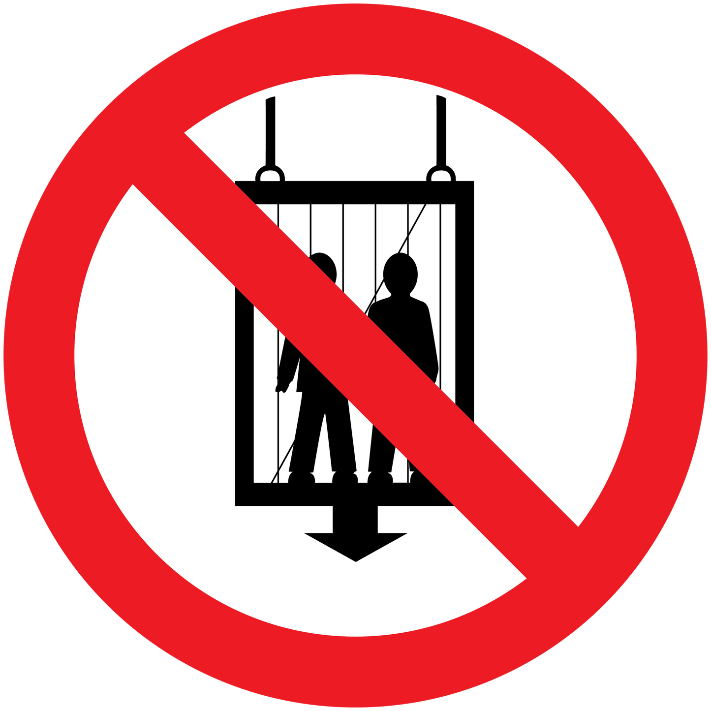 Red prohibition sticker with slash over a person silhouette behind railings