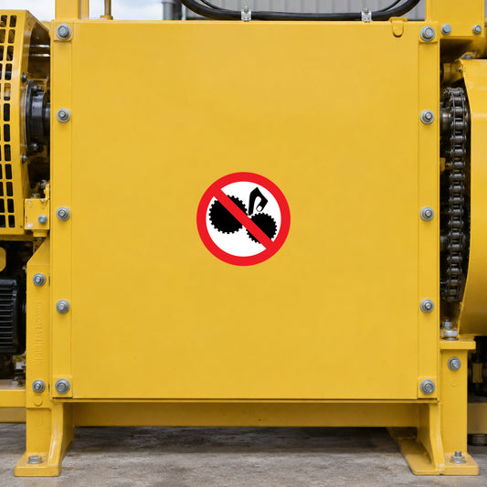 Red no-hand safety warning sticker on yellow industrial panel
