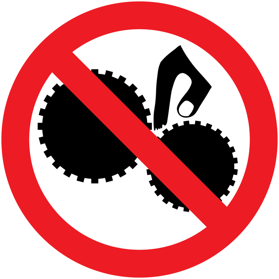 Warning sticker with red no-symbol over finger and gear icons