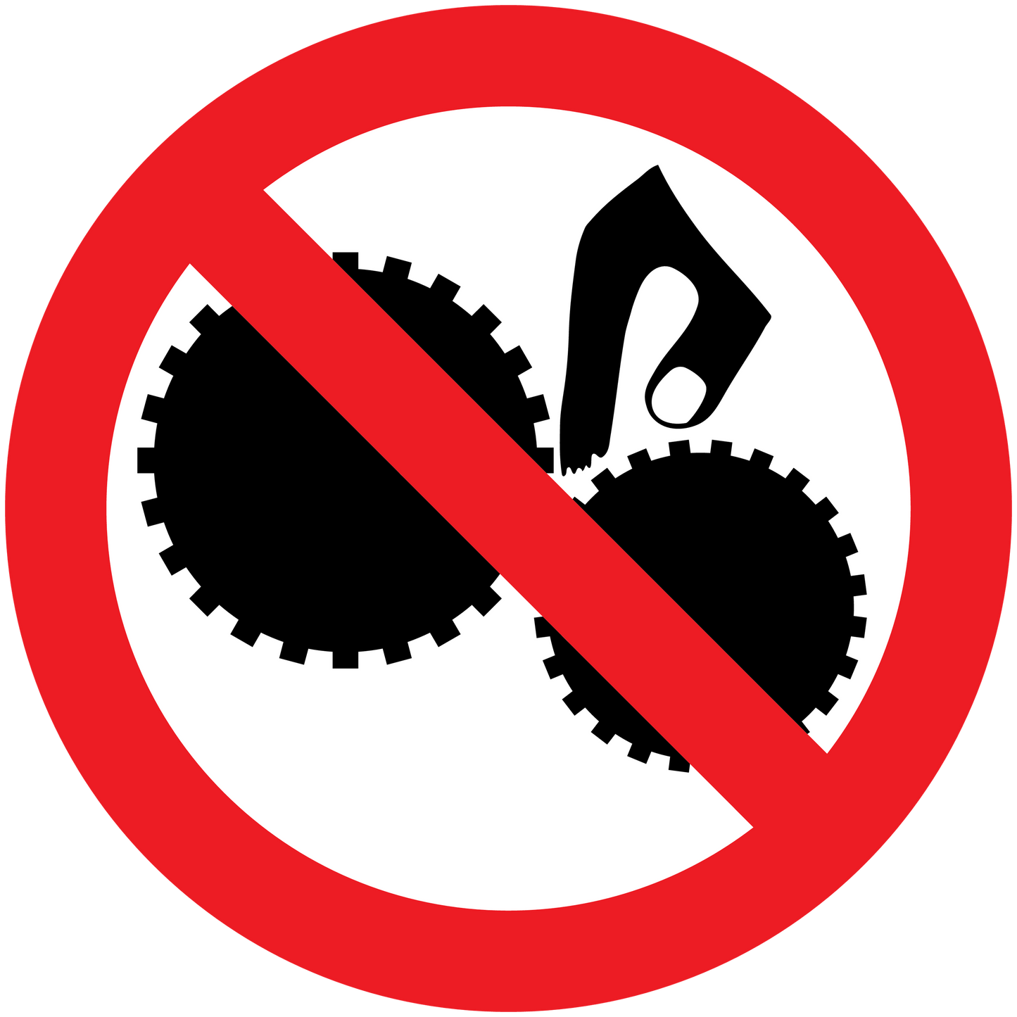 Warning sticker with red no-symbol over finger and gear icons