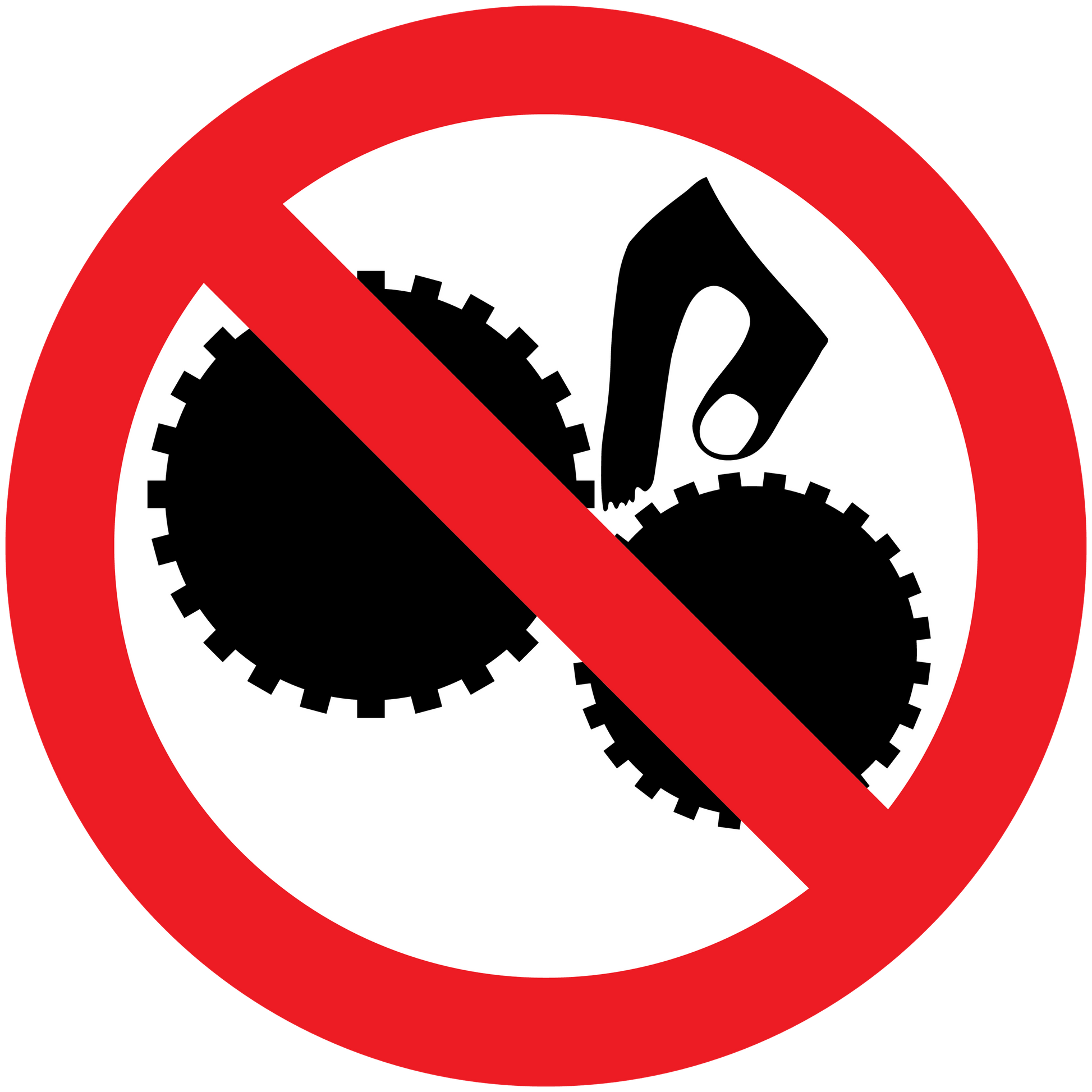 Warning sticker with red no-symbol over finger and gear icons