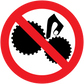 Warning sticker with red no-symbol over finger and gear icons