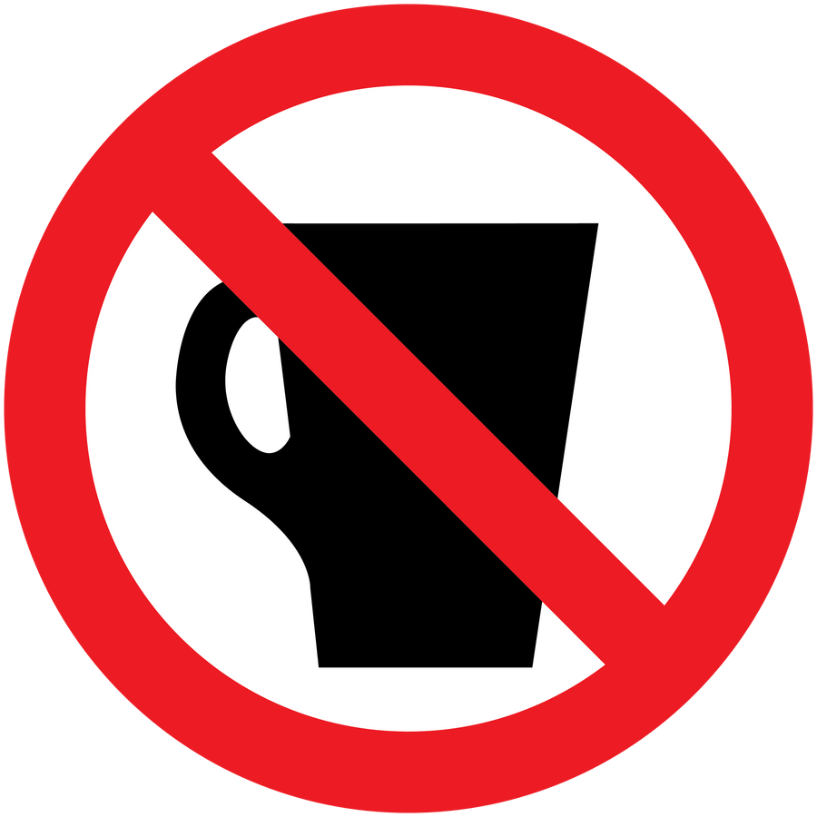 No drinks sticker with red prohibition sign over black drink cup icon