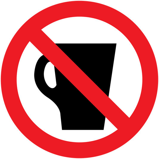 No drinks sticker with red prohibition sign over black drink cup icon