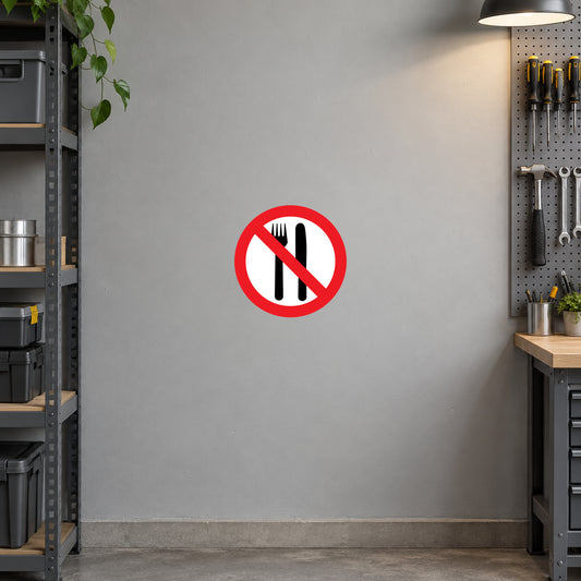 No eating prohibition sticker with fork and knife crossed out in red circle