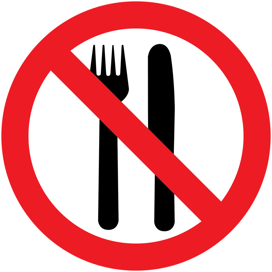 No Eating sticker with red prohibition sign over fork and knife icon