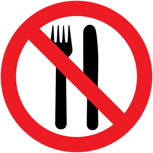 No Eating sticker with red prohibition sign over fork and knife icon