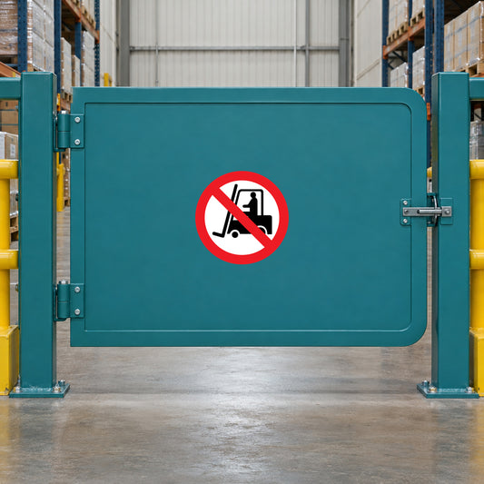 No forklift safety sticker with red circle slash over forklift icon