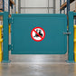 No forklift safety sticker with red circle slash over forklift icon