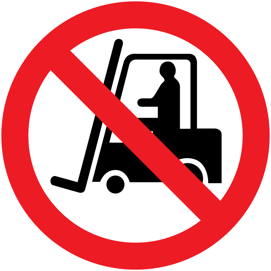 No forklift sticker with red prohibition sign over forklift icon