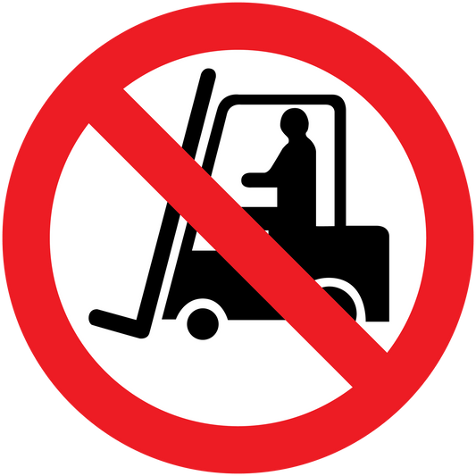 No forklift sticker with red prohibition sign over forklift icon