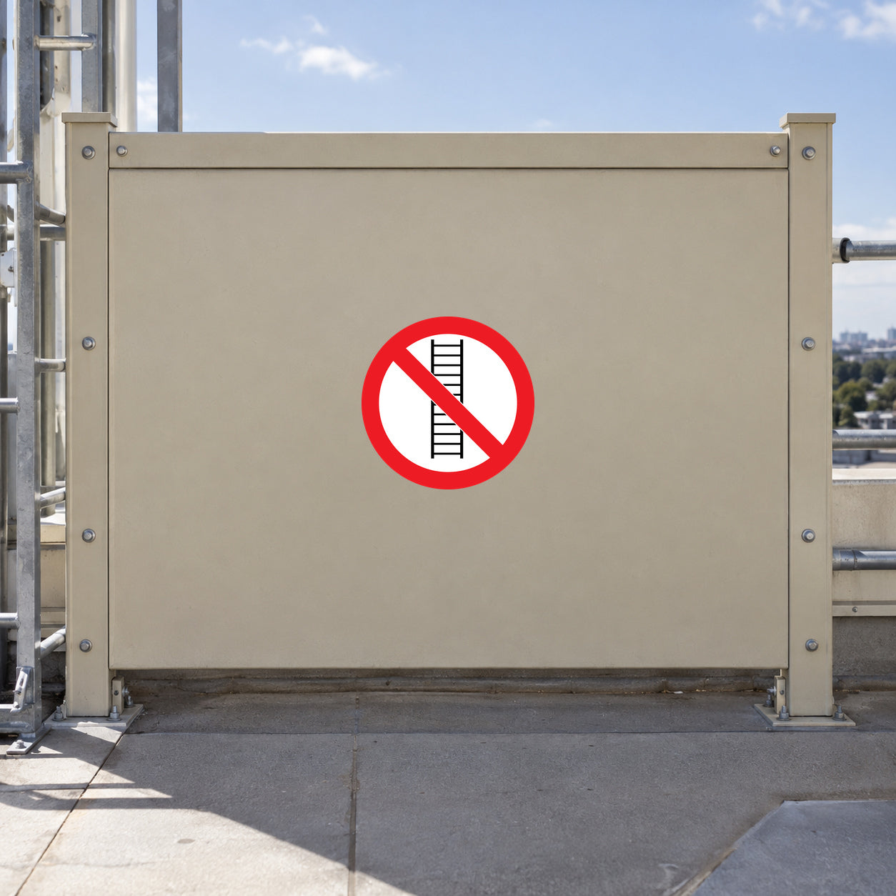 No Ladders Sticker applied in flat beige industrial roof access barrier panel, ladder structure outside central area