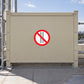 No Ladders Sticker applied in flat beige industrial roof access barrier panel, ladder structure outside central area