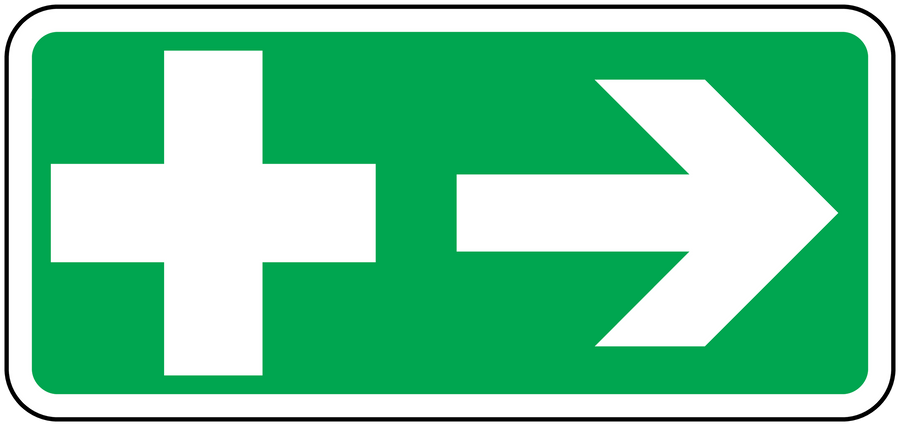Emergency safety sticker, green rectangle with white cross and right arrow