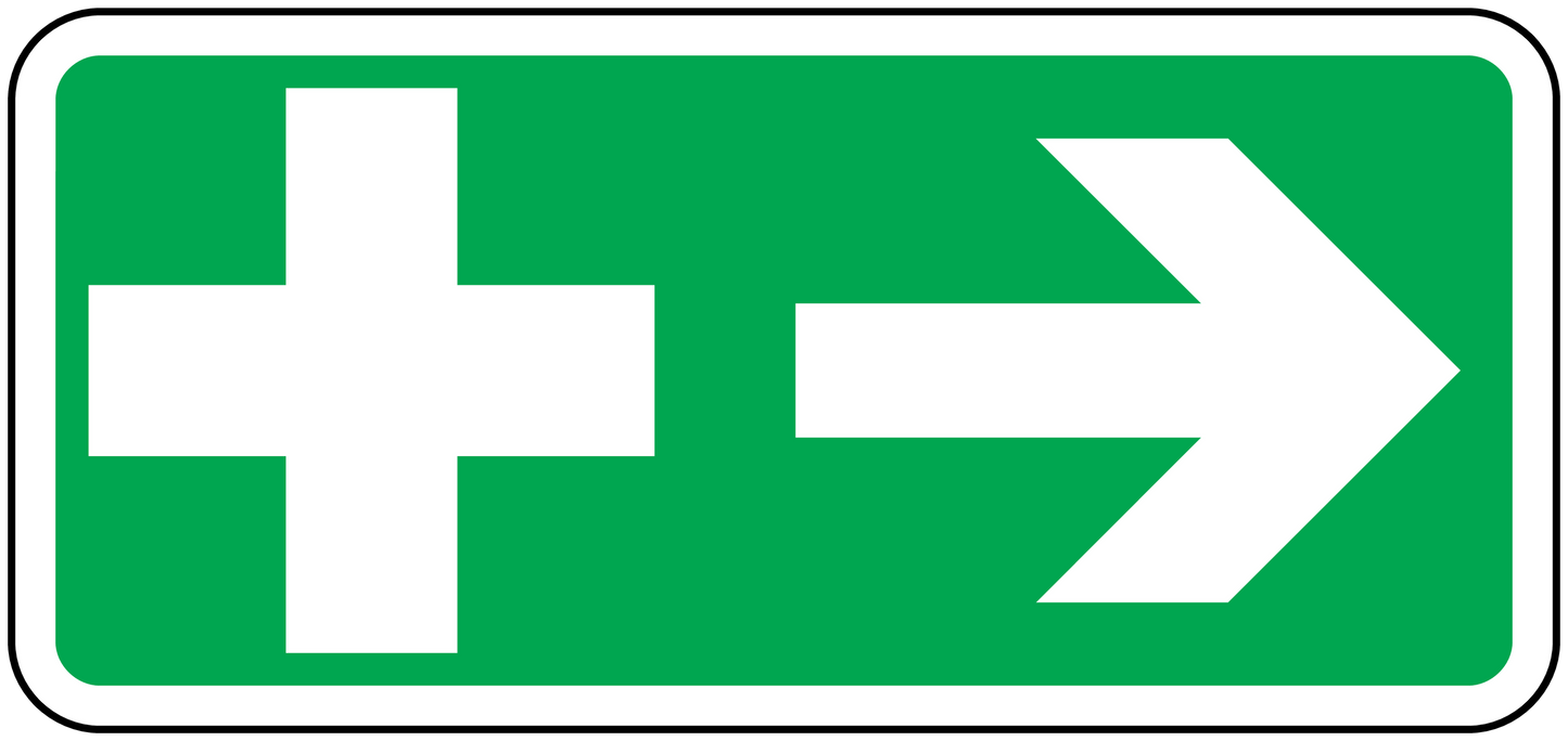 Emergency safety sticker, green rectangle with white cross and right arrow