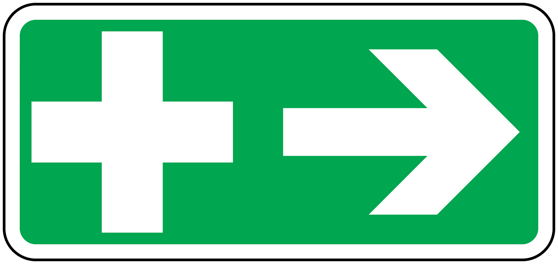 Emergency safety sticker, green rectangle with white cross and right arrow