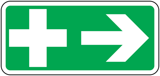 Emergency safety sticker, green rectangle with white cross and right arrow