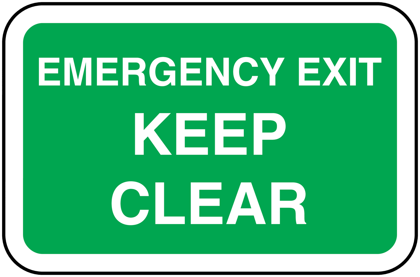 Emergency exit keep clear sticker, green with white text and rounded border
