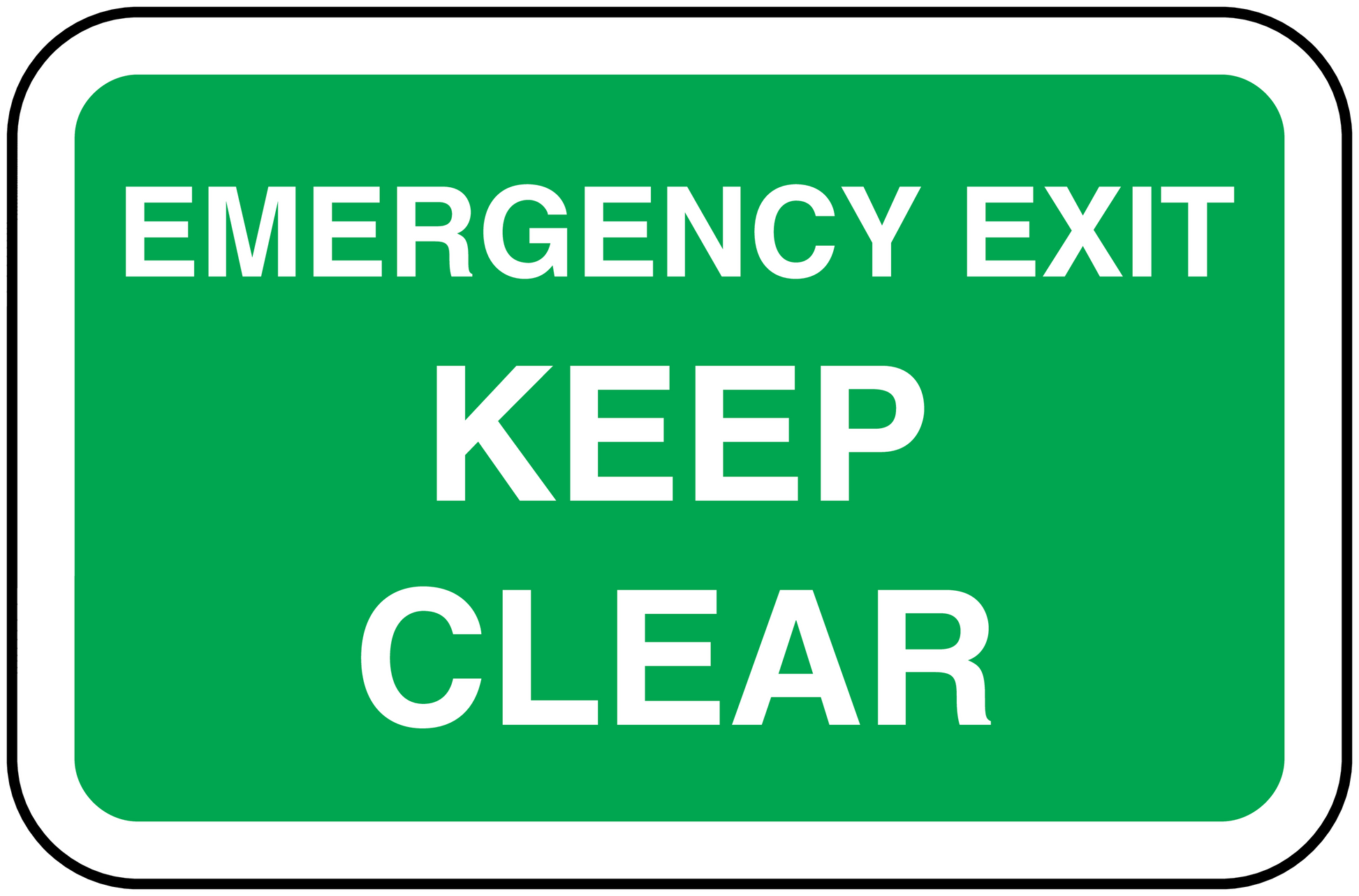 Emergency exit keep clear sticker, green with white text and rounded border