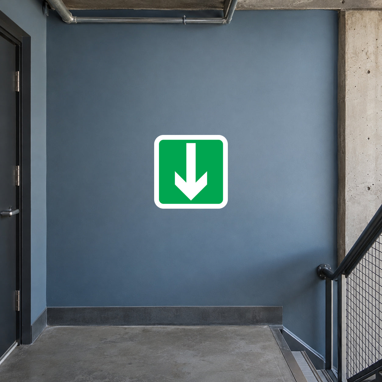 Square green emergency arrow sticker with white border and down arrow
