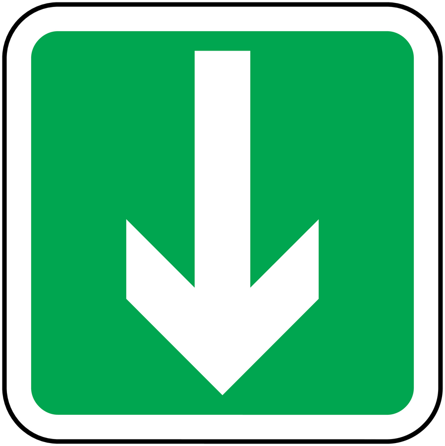Green emergency safety arrow sticker with white downward arrow in square border