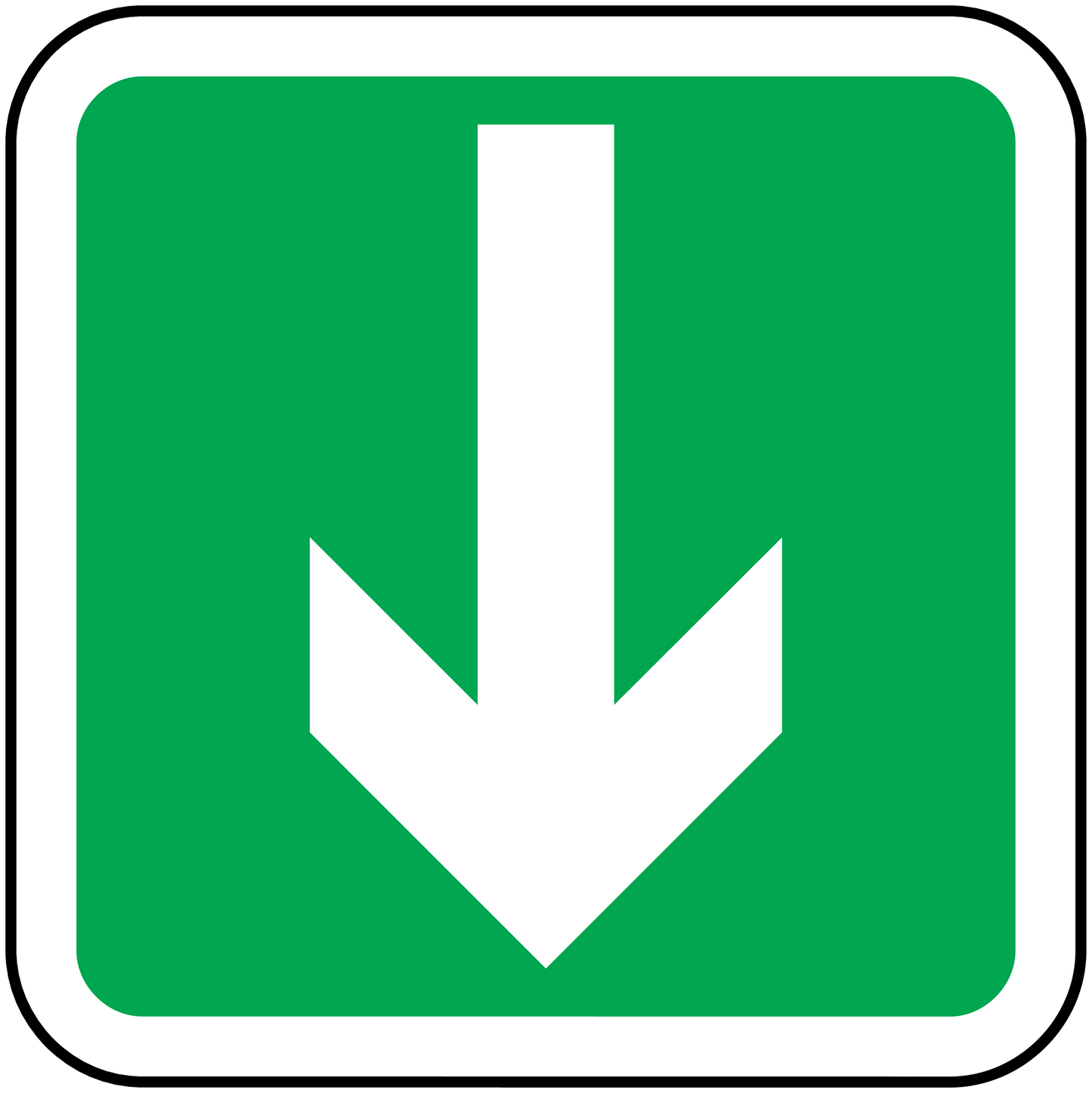 Green emergency safety arrow sticker with white downward arrow in square border