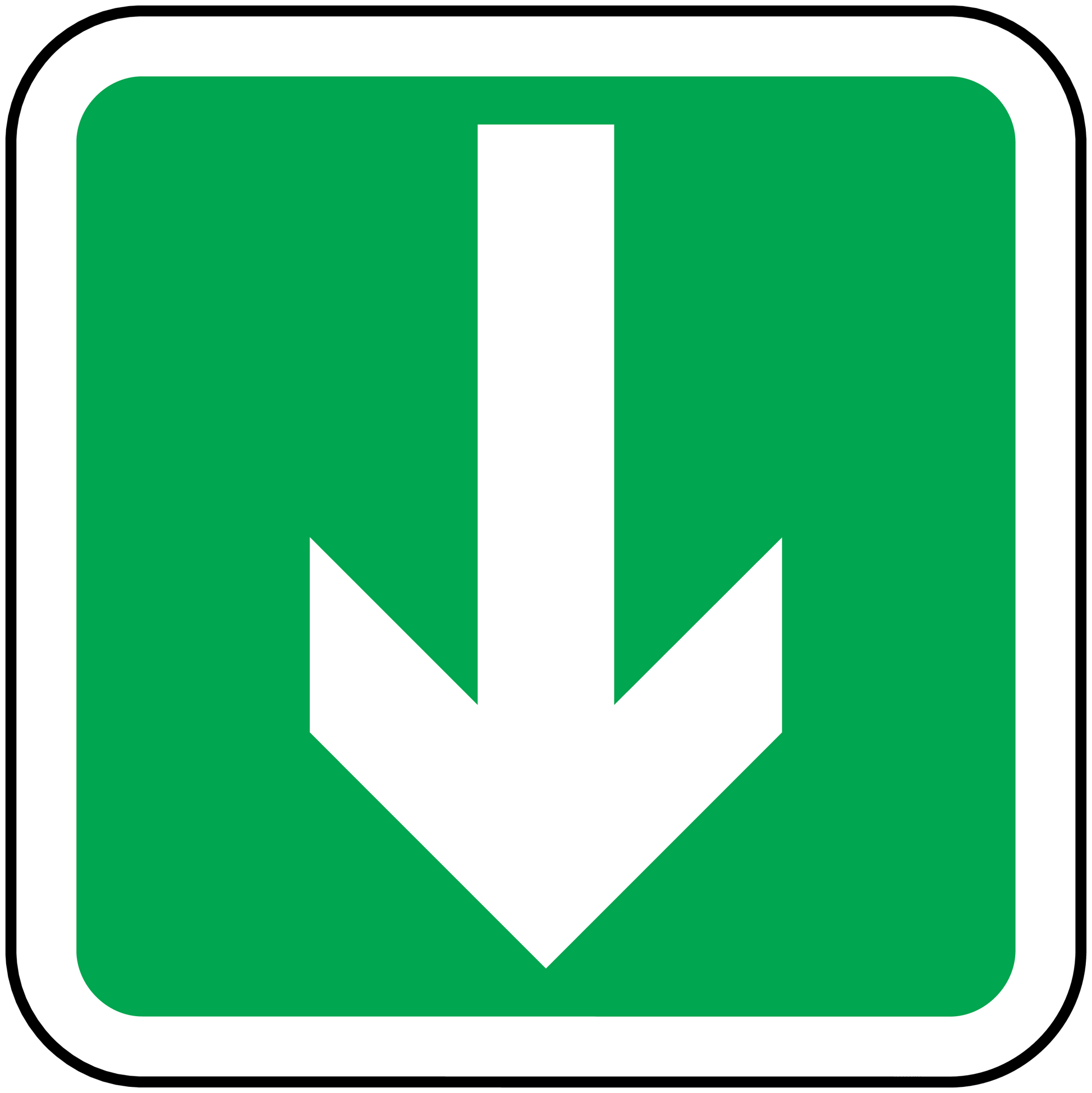 Green emergency safety arrow sticker with white downward arrow in square border