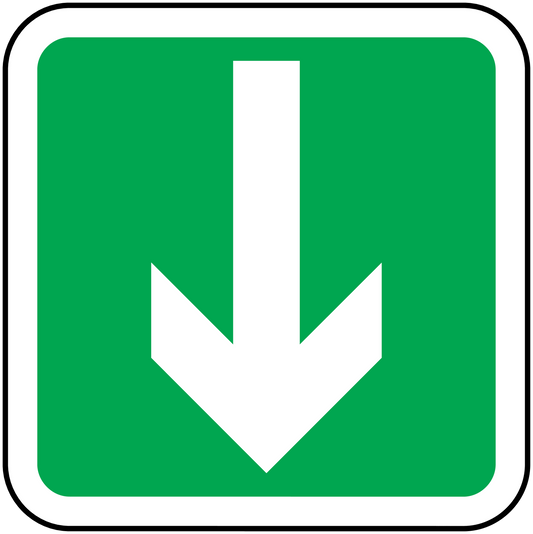 Green emergency safety arrow sticker with white downward arrow in square border