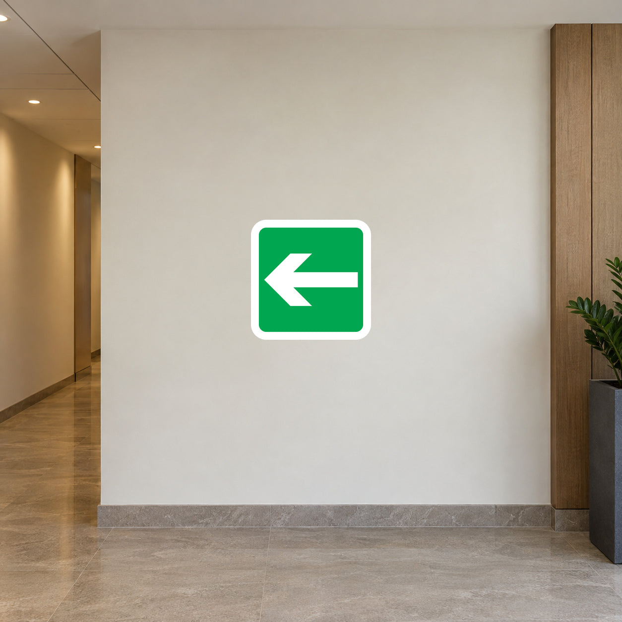 Green vinyl door sign sticker with white left arrow