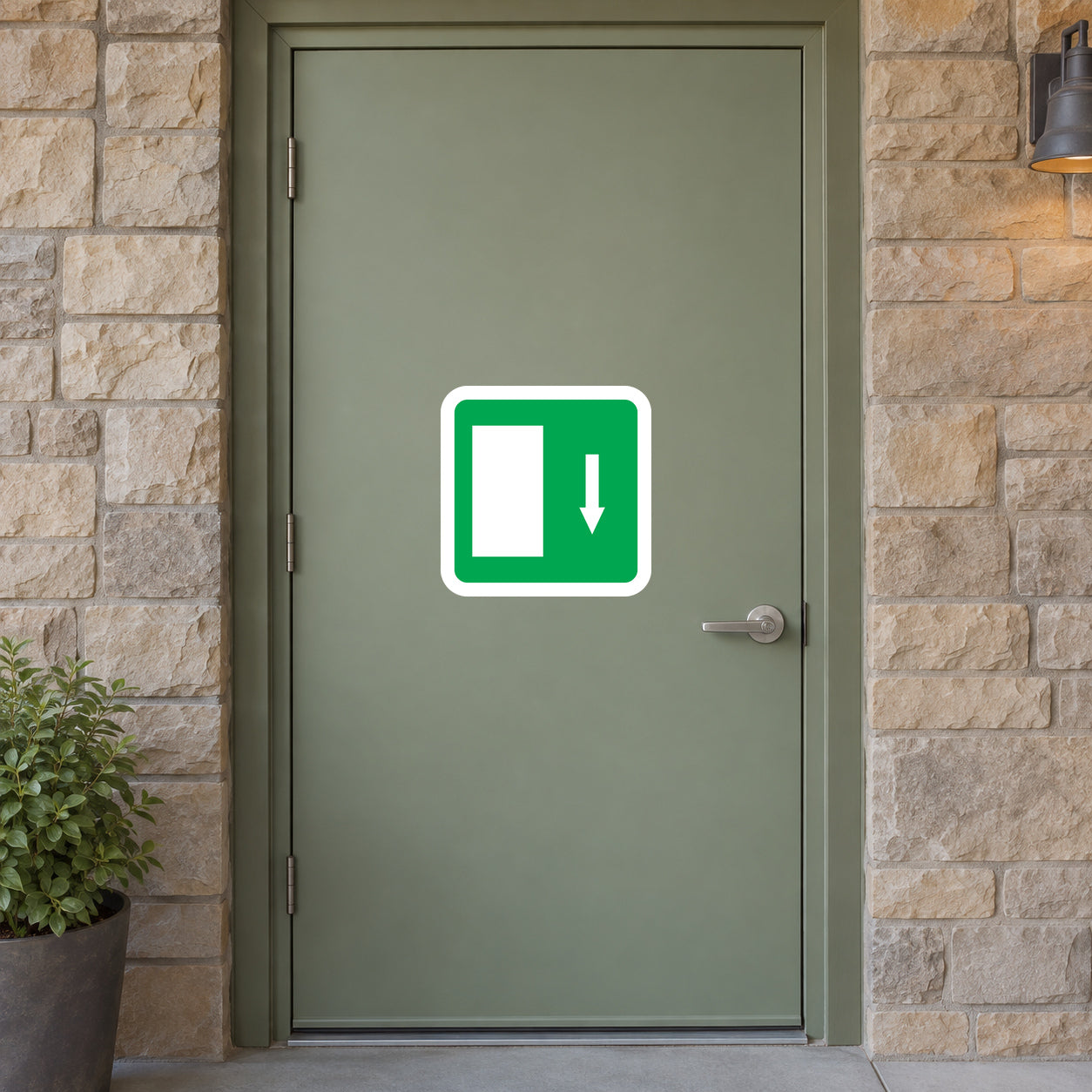 Door-left directional sticker with green border and down arrow icon on door