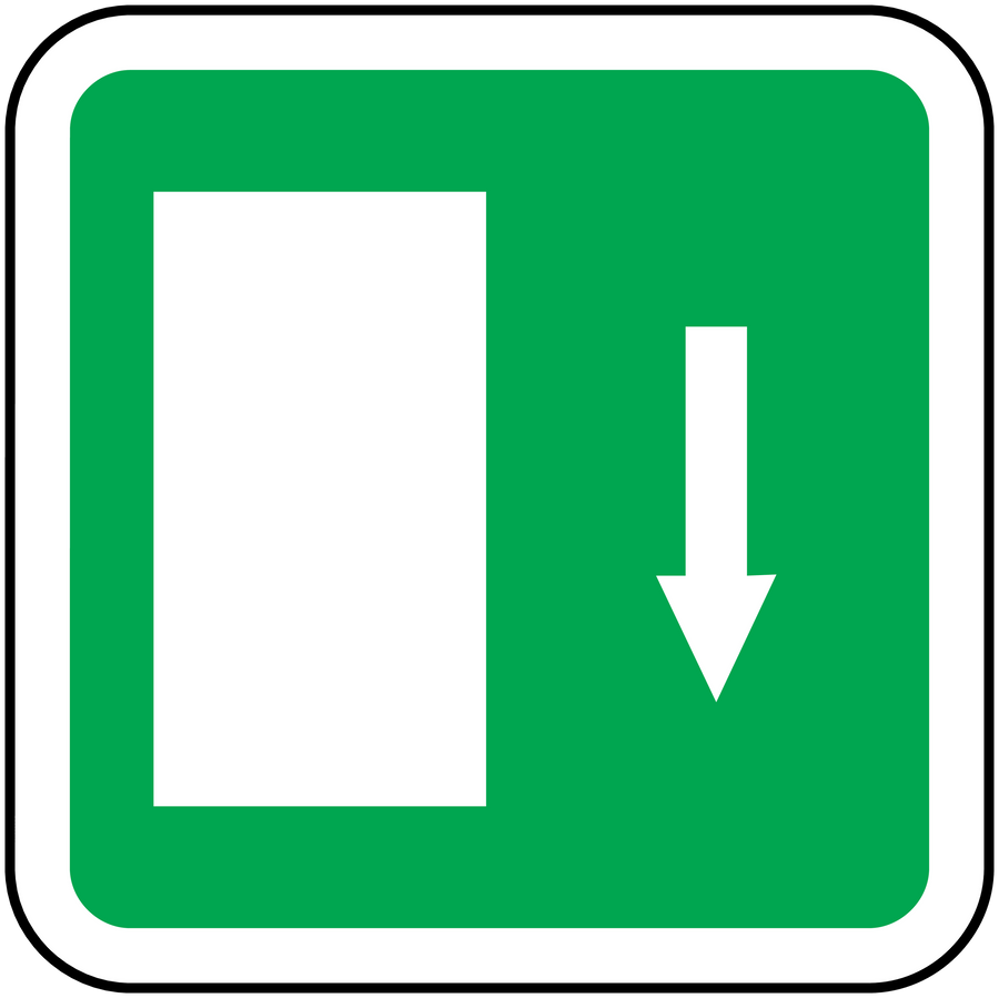 Green door-left direction sticker with white door icon and downward arrow