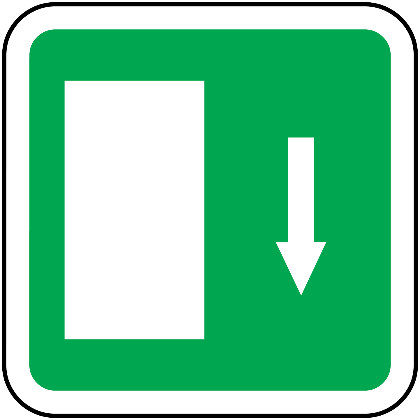 Green door-left direction sticker with white door icon and downward arrow