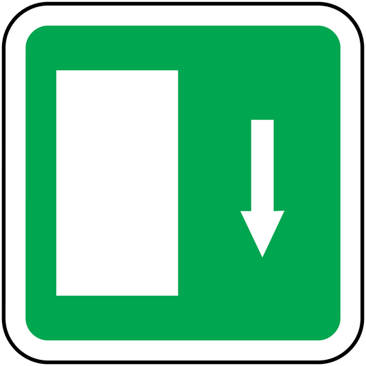 Green door-left direction sticker with white door icon and downward arrow