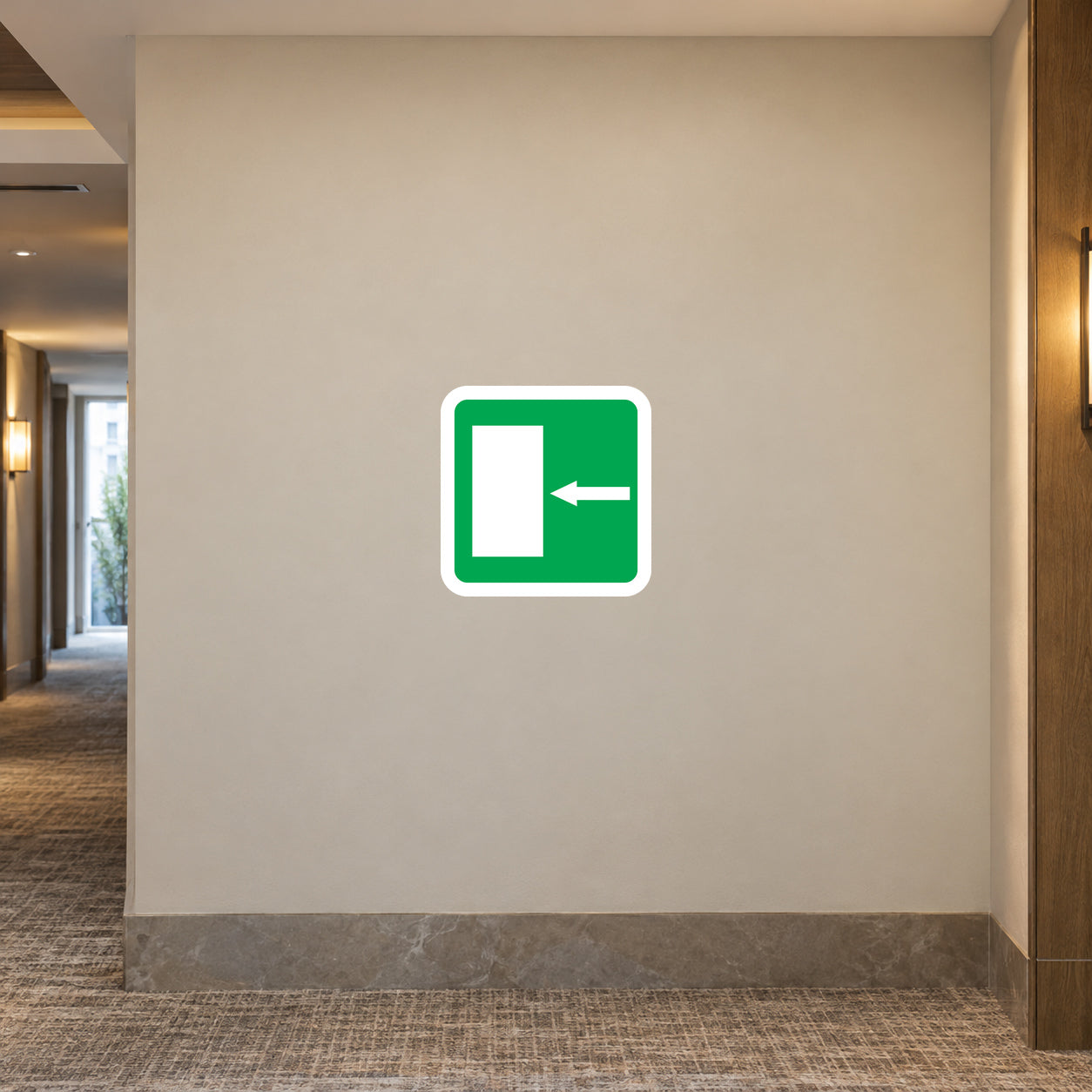 Green door sticker with left arrow and door opening icon