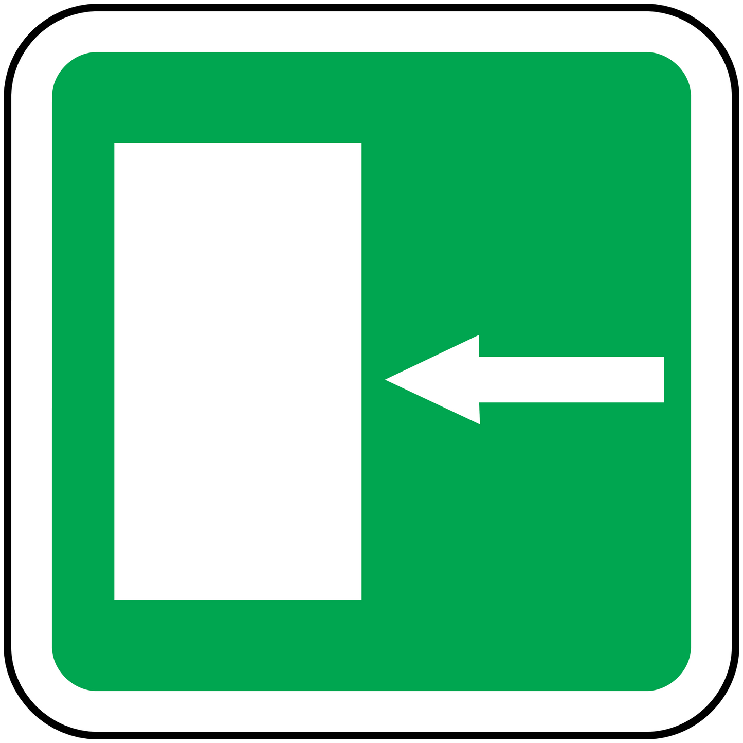 Green square door downstairs directional sticker with white door icon and left arrow
