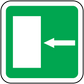 Green square door downstairs directional sticker with white door icon and left arrow